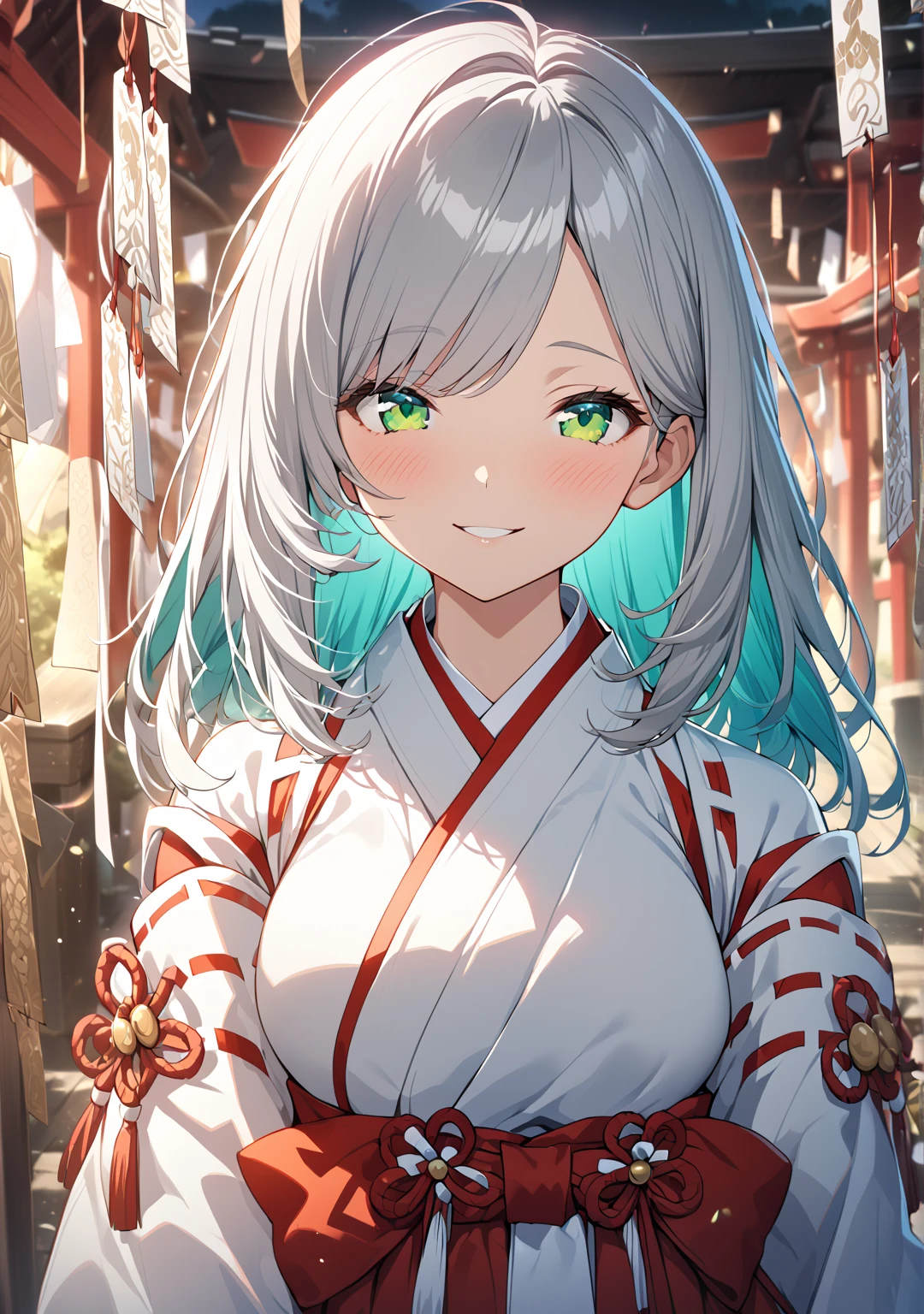 1 girl, Game CG, 
shallow depth of field, a portrait with a soft Gaussian blurred background, creating a dreamy atmosphere, focus on face, 
from bellow, straight standing, looking viewer, enjoy expression, seductive smile, blush,

(silver Hair,  turquoise inner color, straight hair, Left-side parting bangs, bob cut, green eyes, Slanted eyes, Clear  and Wise eyes,),
humble expression,

(miko shrine maiden clothes, red skirt, ),

traditional Japanese shrine, visitors wearing kimonos, winter sky, beautiful, incense smoke rising, hanging ema plaques, sacred ropes and white paper streamers, serene and respectful atmosphere, 

Firm breasts, High chest, Intricate details, Perfect Contour,
beautiful sunrise, Lens Flare, Cinematic Light Effects,