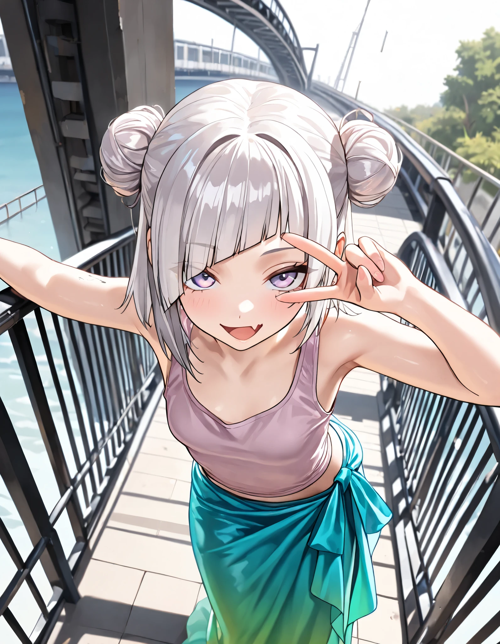 ((Masterpiece)), ((best quality)), (8K), (wide shot, from above), sidelighting, (detailed background:1.2), (super detail:1.2),(High Definition:1.3), (Professional Photography:1.2), (very aesthetic:1.2), (absurdres:1.2), (sharp focus), ((1girl)), Cute teenage Girl, (Textured skin), (Realistic skin), (pale purple eyes, gradient eyes, upturned eyes), (platinum-gold hair), ((diagonal bangs)), triple bun, (medium hair), small breast, (Healthy Gaunt body), (open mouth wide, skin fang), seductive smile, (cute cheeks), glossy lips, pouty lips, (lower eyelashes), (tilt head), BREAK, wearing pale pink tanktop, (Linen Fabric tanktop), (midium sarong skirt), V over eye, (loose leaning on the rusty iron parapet), dirty iron bridge, (View of the factory), Cluttered factory area,