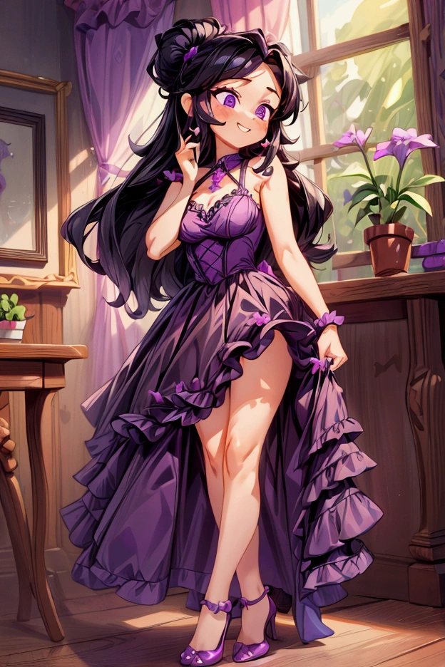 (Masterpiece, best quality) 1 girl, black hair, medium long hair, purple eyes, standing indoors with intricate details and sunlight. Purple frill dress short neckline, black heels, cross earrings. Sweet smile, sexy pose, coquette, beautiful legs, mature body, gorgeous, pronounced breasts