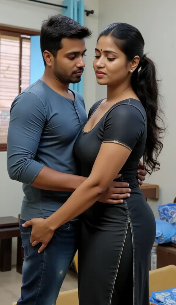 charming Indian Curvy gf romantically grabbing front her handsome boyfriend .