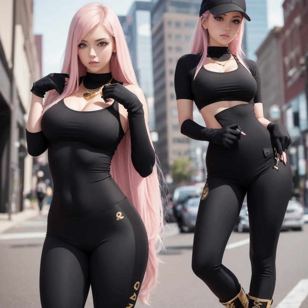 A woman, long pink hair, sky blue eyes, voluptuous, black sportswear, black lycra pants, black gloves with gold, military girl pose, serious, sexy, black necklace adjusted to the neck, black boots with white converse style,