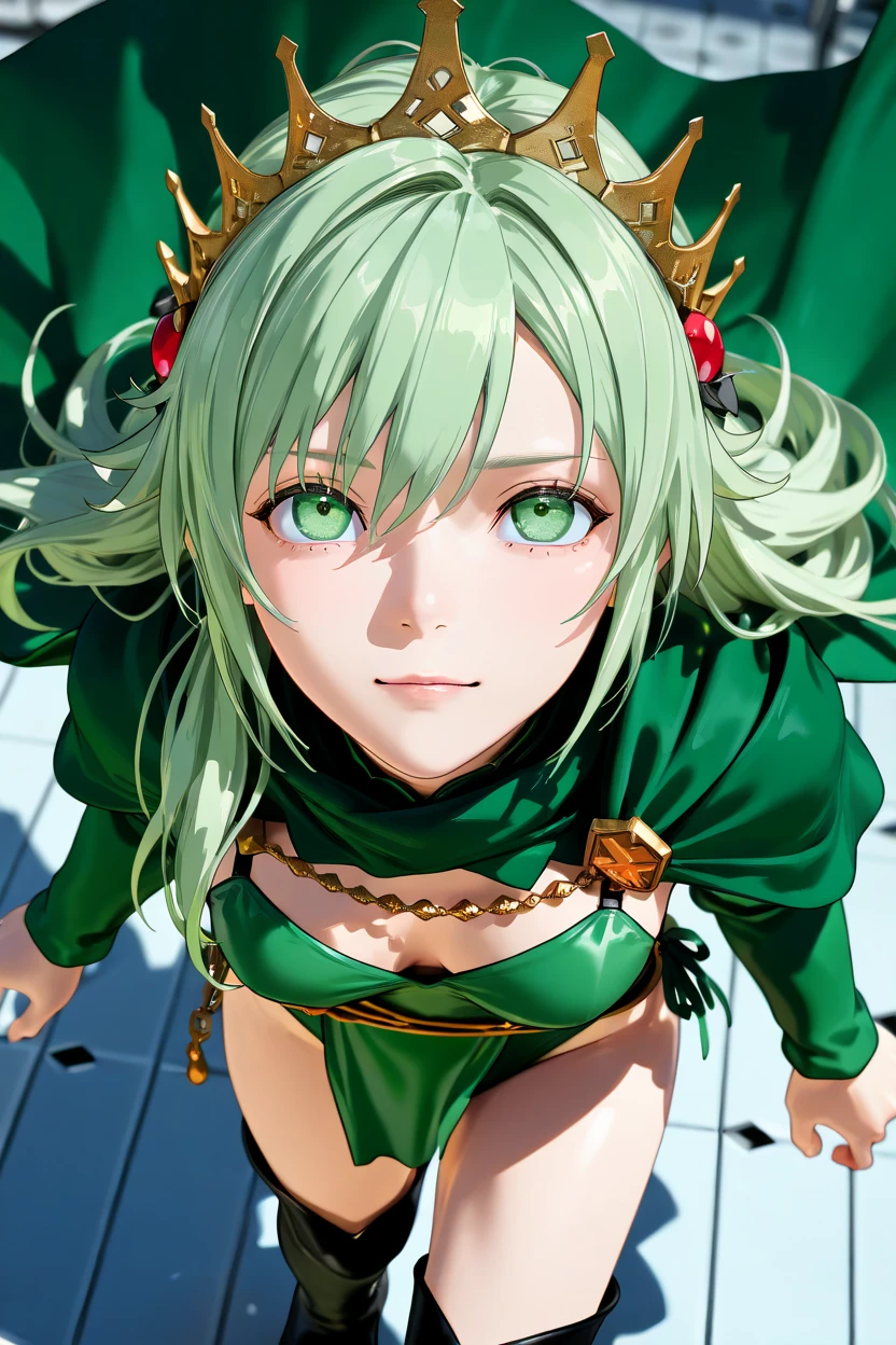 ( Super Realistic Photos , RAW photos  , realism, 3d rendering ,Unity Engine), break 1ガール, Alone, Lydia,  long hair,  green hair, crown,  hair accessories,  green cloak ,  green leotard, Loin cloth,   detach sleeve ,  knee-high boots,break( from above、 looks up at the , face-focus, ( close-up))