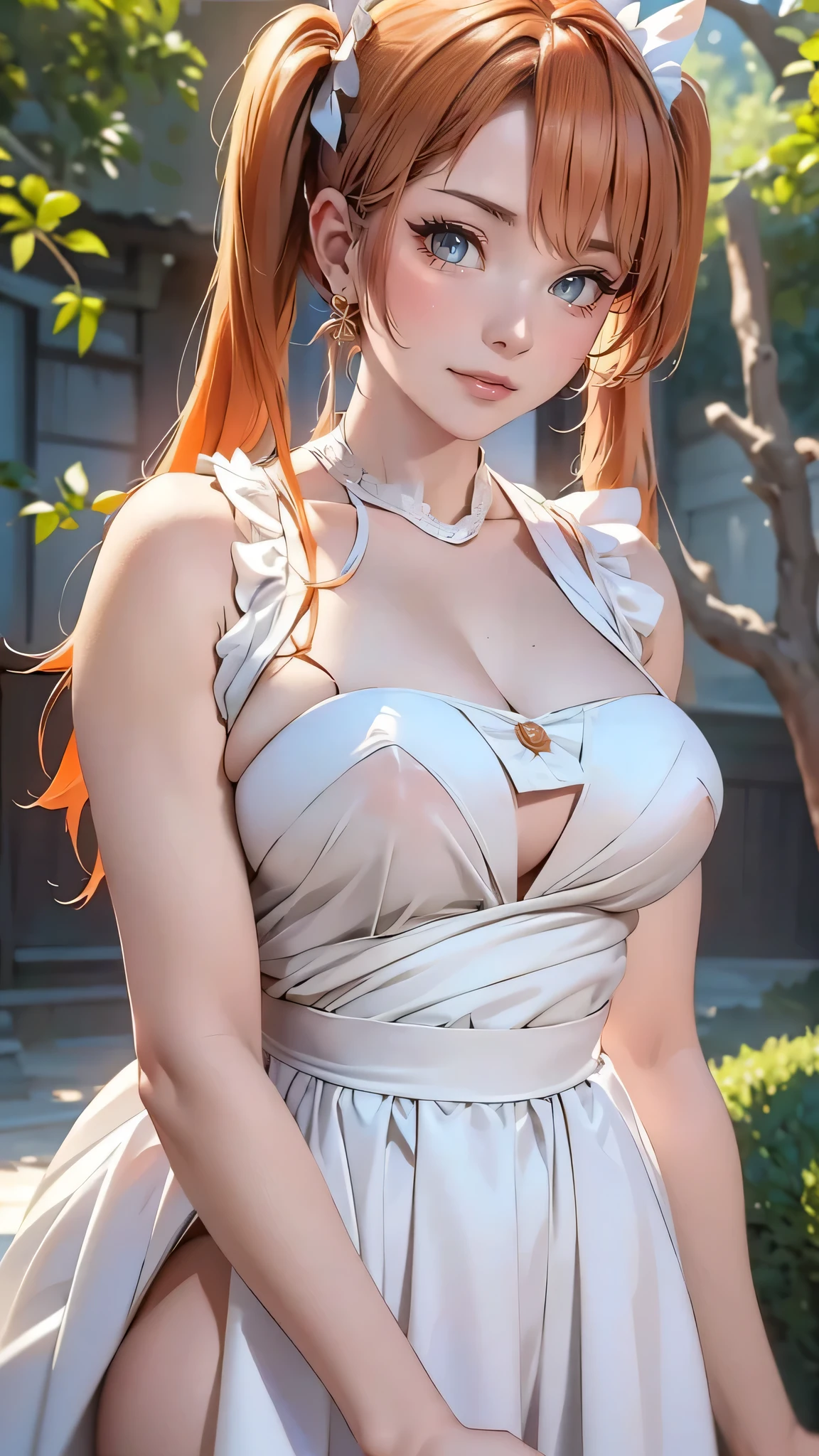 Old body portrait of a beautiful girl、Delicate、detaileds、​masterpiece、Real Stick、3D background、Backgrounds with depth、Realistically exaggerate changes in material texture、Exaggeration of gloss、The best transcendental virtuosity、twin tails、orange hair color、Maid clothes