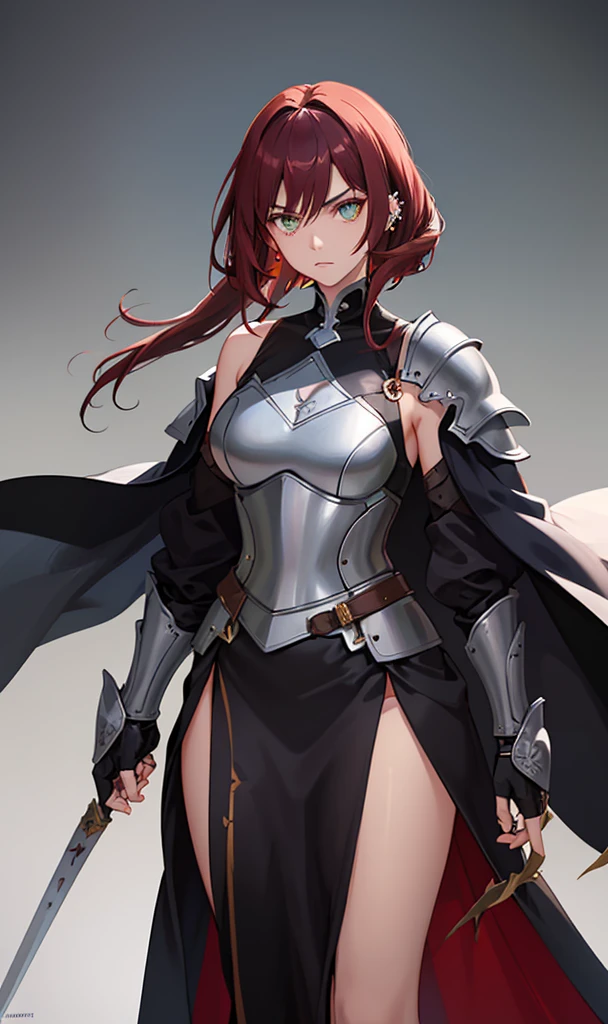 poneyTail、Sexy and revealing armor、full body Esbian、long red hair、Red Eyes、Black Armor、Great sword、s Armor、sexy armor、Aggressive face、Beautuful Women、Outrageous resolution isolated on white background、masutepiece++,top-quality++,ultra-defined++, ultra-defined++,4K++,8K++,