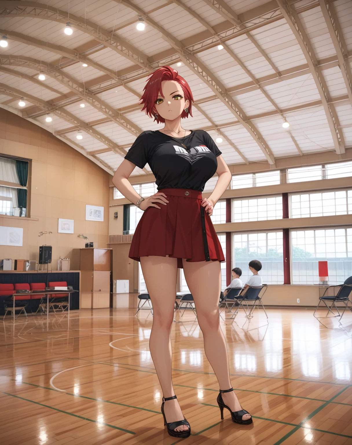 score_9, score_8_up, score_7_up, source_anime, 1woman, huge breasts, large breasts, curvy, voluptuous, legs, red hair (slicked back hair), brown eyes, short cut, black t-shirt, brown short skirt, earrings, necklace, serious, standing, hands on hips, solo focus, taiikukan, indoors, scenery, reflective floor, window, ceiling light, reflection, ceiling, stage, wooden floor