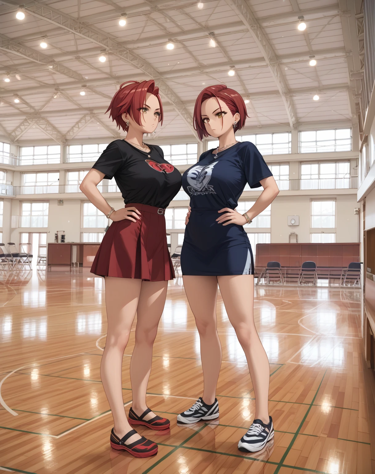 score_9, score_8_up, score_7_up, source_anime, 1woman, huge breasts, large breasts, curvy, voluptuous, legs, red hair (slicked back hair), brown eyes, short cut, black t-shirt, brown short skirt, earrings, necklace, serious, standing, hands on hips, solo focus, taiikukan, indoors, scenery, reflective floor, window, ceiling light, reflection, ceiling, stage, wooden floor