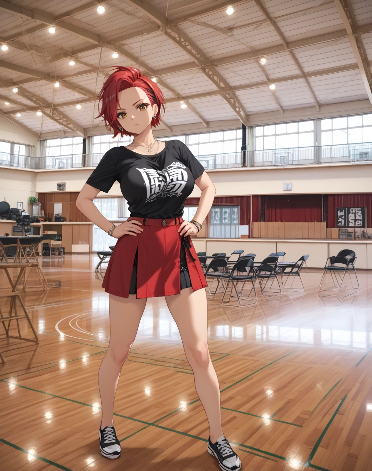 score_9, score_8_up, score_7_up, source_anime, 1woman, huge breasts, large breasts, curvy, voluptuous, legs, red hair (slicked back hair), brown eyes, short cut, black t-shirt, brown short skirt, earrings, necklace, serious, standing, hands on hips, solo focus, taiikukan, indoors, scenery, reflective floor, window, ceiling light, reflection, ceiling, stage, wooden floor