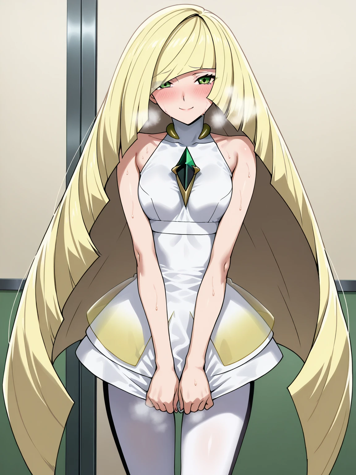 score_9, score_8_up, score_7_up,masterpiece, best quality, (anime screencap),(source_anime), anatomically correct,
(front view,girl focus),(1girl,solo),(lusamine),mature female, very long hair, gem, sleeveless dress, short dress, white leggings,
standing,sweat,steaming body,
smile,blush,sad,looking at viewer