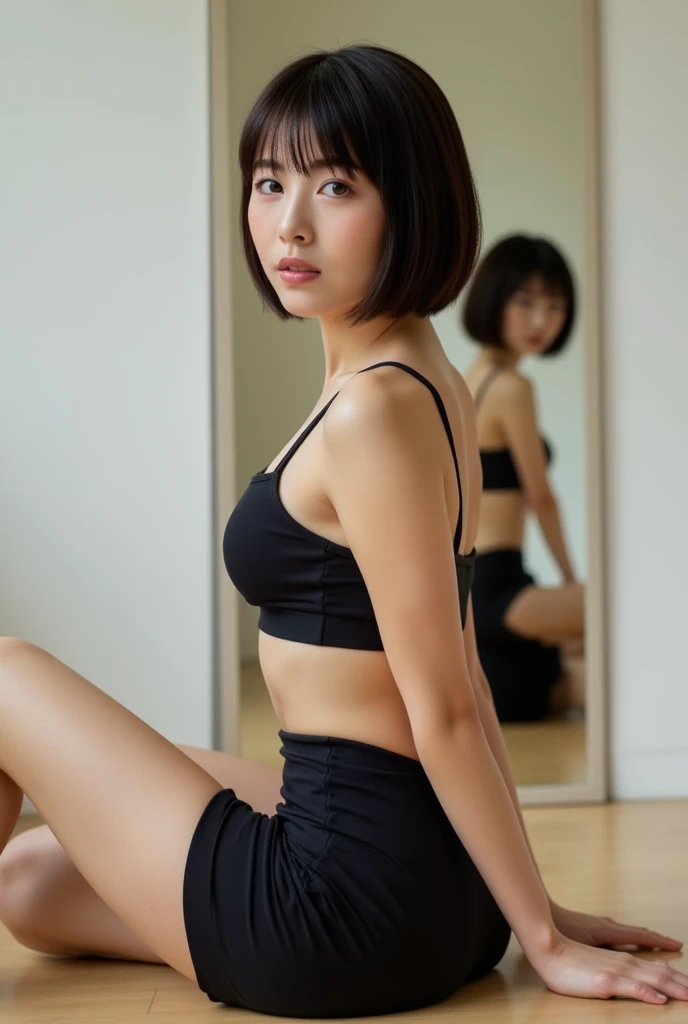 80's_jiaopian, 1girl, Black hair, ((realistic)), ((photorealistic)),((high-res, masterpiece, best quality, cinema lighting)), masterpiece, best quality:1.2), upper body, Standing, Hand behind back, solo, 1girl, smile, closed mouth, masterpiece, best quality, 4k, photograph, cinematic lighting, model shoot, perfect lighting, perfect detailed face, professional photo shoot, seductive smile, wide hips, thick thighs, short female,(((Large breasts))),((((Shizuka Morikawa)))), black hair, Black Sports bra, Black Spandex pants, realistic,(((beautiful))), Japanese female,((mature female 1.3)