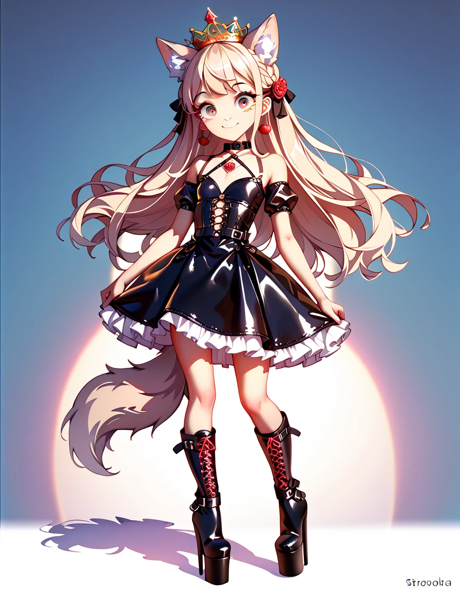    high image quality 、  High Quality  、 petite girl、  big eyes、Droopy eyes、smile、pure、 crown、 wolf ear、 wolf tail 、 blondes、 Platform Boots、 princess、  leather bondage dress