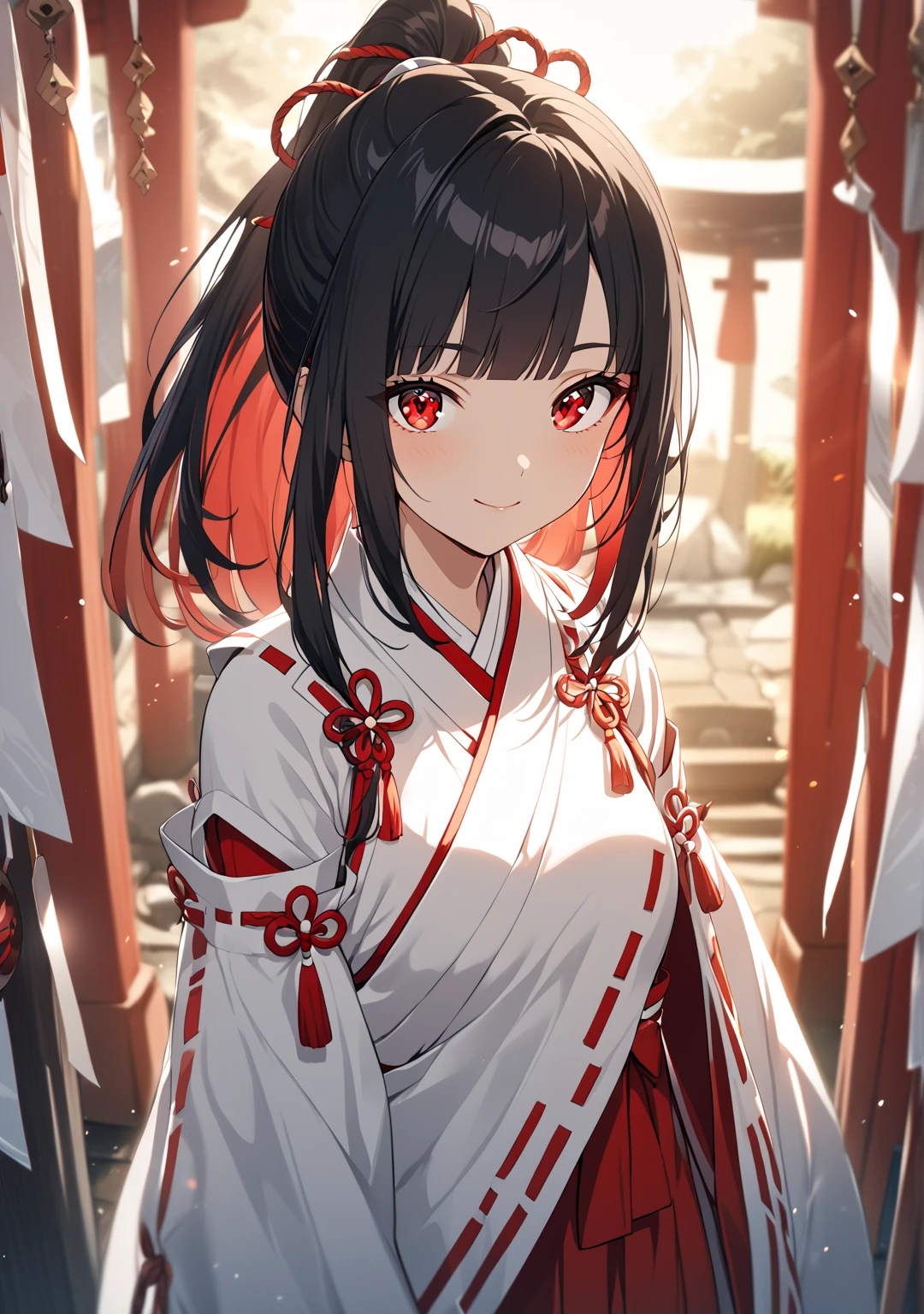 1 girl, Game CG, 
shallow depth of field, a portrait with a soft Gaussian blurred background, creating a dreamy atmosphere, focus on face, 
cowboy shot, from bellow, straight standing, looking viewer, enjoy expression, stern,

(Black Hair, dark scarlet inner color, straight hair, high band ponytail, Average bangs, Red Eyes, Round eyes , Clear and Innocent eyes,)
happy expression,

(miko shrine maiden clothes, red skirt, ),

traditional Japanese shrine, visitors wearing kimonos, winter sky, beautiful, incense smoke rising, hanging ema plaques, sacred ropes and white paper streamers, serene and respectful atmosphere, 

Firm breasts, High chest, Intricate details, Perfect Contour,
beautiful sunrise, Lens Flare, Cinematic Light Effects,