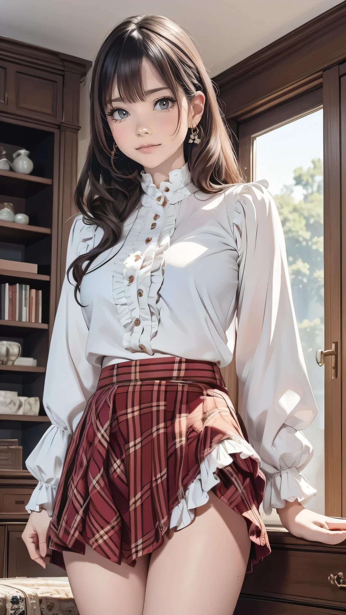 very cute and beautiful girl,(highly detailed beautiful face),(smile),blush,cowboy shot,
(white blouse with detailed frills),long sleeve BREAK standing,skirt lift,(white panties),
hair ribbon,black hair,(scarlet plaid mini skirt)
 BREAK antique living room,flowers in vase,wooden desk,(bookshelf:0.9),jewelry box,european carpet,distant trees,
(best quality,masterpiece:1.2),absurdres,highres,ultra-detailed,extremely detailed,32k,8k resolution,
intricate details,cinematic scene,detailed background,solo,dynamic angle,