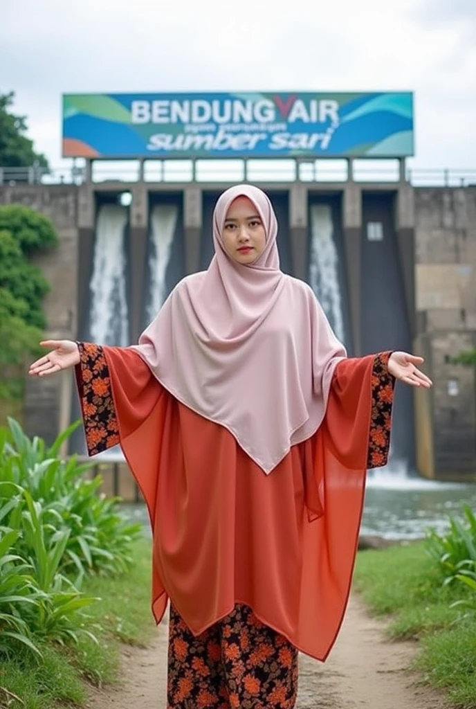 Photo of a beautiful Indonesian woman in a hijab, wearing a brightly colored abaya, standing with her arms outstretched in front of a large sign that says “BENDUNG AIR” in blue letters at the top and “SUMBER SARI” in yellow letters at the bottom. The sign appears to be on a dam or water control structure. Behind the woman and the sign, there is vegetation and a cloudy sky.