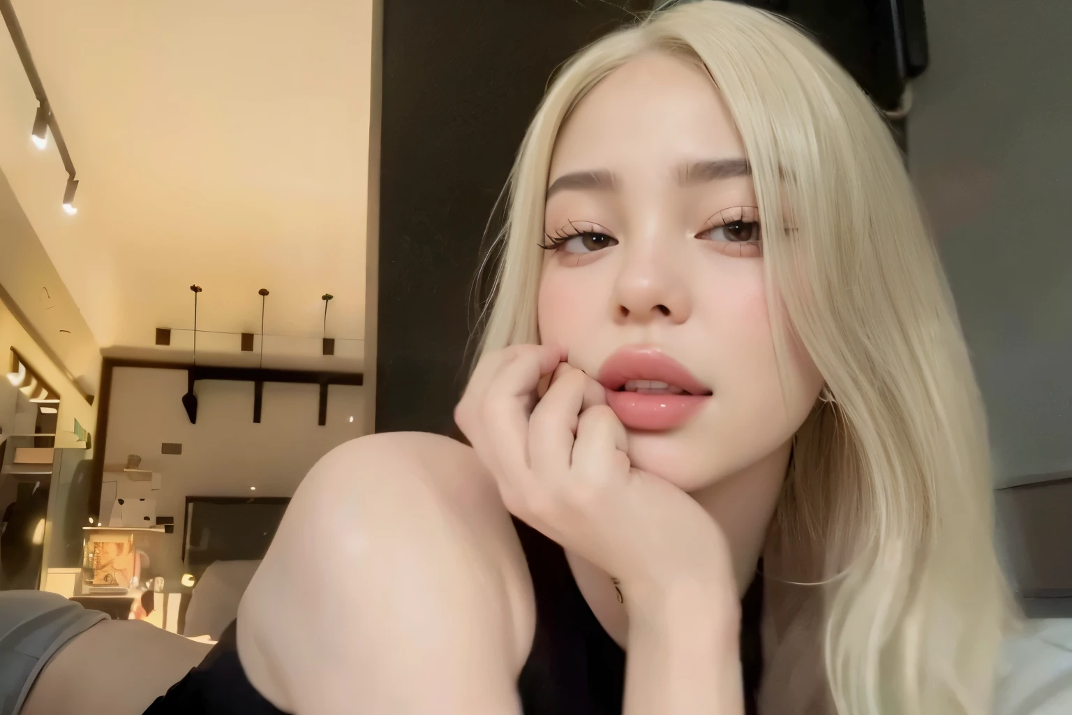 mujer rubia de pelo largo sentada en una silla con la mano en la barbilla, Ava Max, Tifa Lockhart con pelo blanco, con el pelo largo y blanco, extremely pale blond hair, con pelo largo blanco, cabello rubio muy, very pale, con cabello largo y rubio, su cabello blanco, Cabello largo y rubio y ojos grandes, Retrato de Kim Petras, Sakimichan