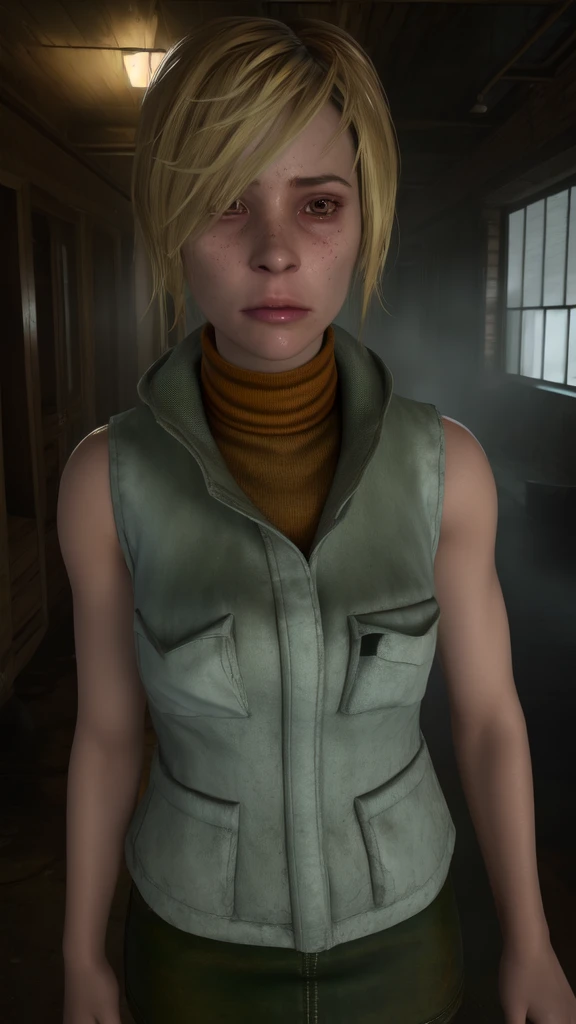 Cheryl,blonde hair,brown eyes,
vest,sleeveless,turtleneck,short skirt,
standing,
(silent hill \(series\):0.6),town,fog,
(insanely detailed, beautiful detailed face, masterpiece, best quality) cinematic lighting,