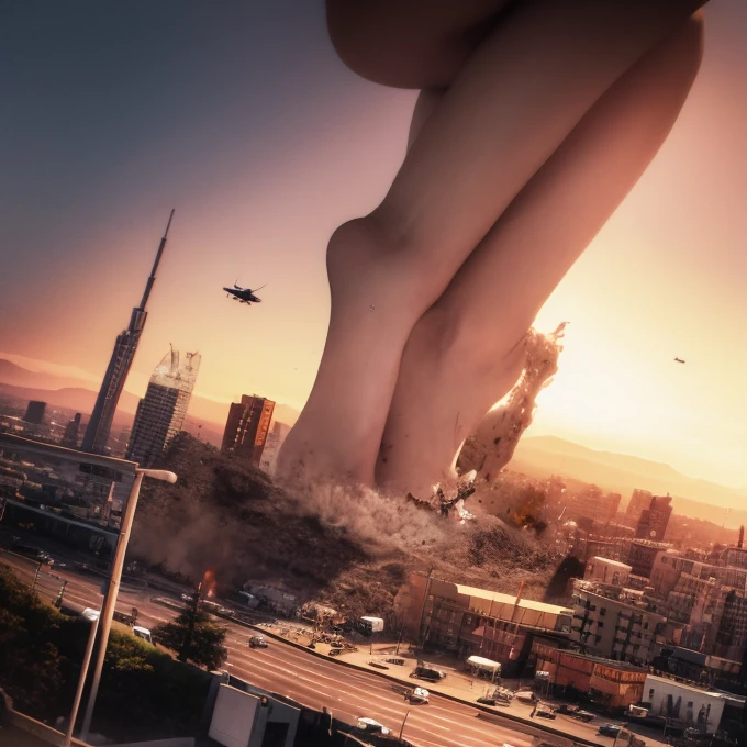 (giantess elements,   high resolution,   high quality  , Accurate body structure,   detailed body  )    Towering huge blonde woman   ,   looks at the approaching woman from below,  Huge woman attacks town , cute, women   Destruction of a small town  ,   Destruction of a small town  , mischievous expression , Japanese, white skin, Smiling, Trample buildings, rubble, Burning small town,  Destroyed small buildings , collapsed highway, Car being crushed, Evacuation of residents,   sunset  , Burning small town, Please, go, Trample,  anatomically correct ,   Exact human bodies  , accurate skeleton,   full body portrait  ,   blue eyes , rubble scattered at feet,  Higher than a skyscraper ,   big impact  , toll, giantess elements, Women drawing large,  Ascending destructive elements , Make the city smaller , Angry,