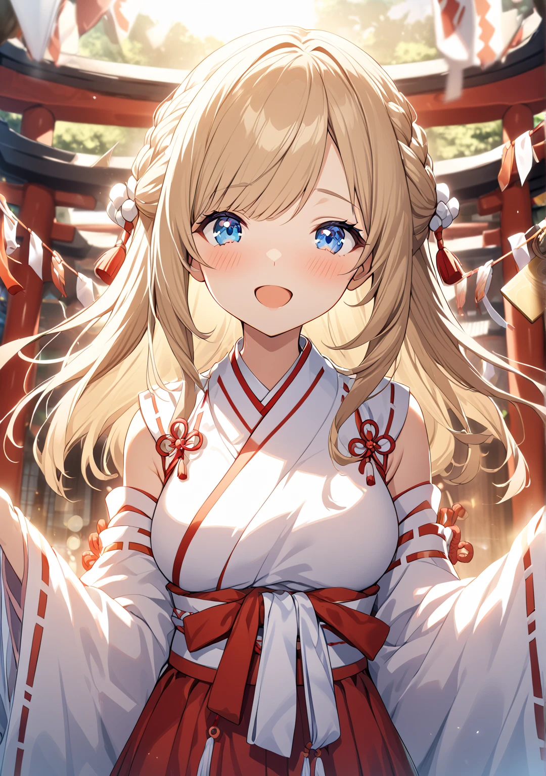 1 girl, Game CG, 
shallow depth of field, a portrait with a soft Gaussian blurred background, creating a dreamy atmosphere, focus on face, 
cowboy shot, from bellow, straight standing, looking viewer, enjoy expression, big laugh, open mouth, blush,

(blond Hair, french braid, Right-side parting bangs, blue eyes, Light eyes , Clear and Expressive eyes,)
ecstatic expression,

(miko shrine maiden clothes, red skirt, ),

traditional Japanese shrine, visitors wearing kimonos, winter sky, beautiful, incense smoke rising, hanging ema plaques, sacred ropes and white paper streamers, serene and respectful atmosphere, 

Firm breasts, High chest, Intricate details, Perfect Contour,
beautiful sunrise, Lens Flare, Cinematic Light Effects,