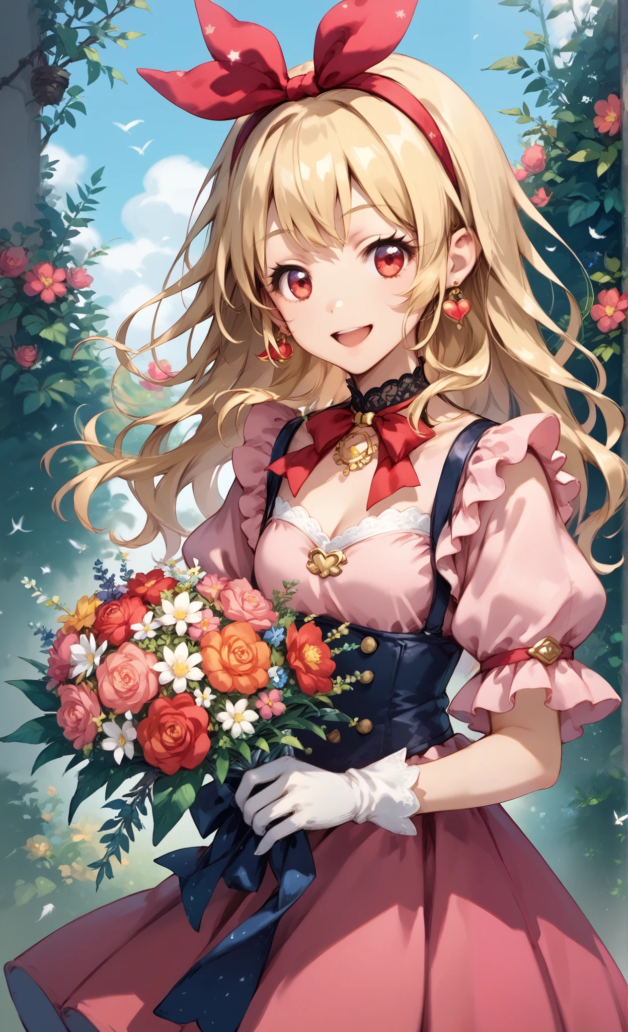 illustrated anime image of cute girl with wings holding a bouquet of flowers, 1girl, hoshimiya ichigo,(RED Ribbon on HAIRband:1.2), flower, solo, blonde hair, feathers, red eyes, jewelry, open mouth, smile, earrings, gloves, long hair,pink Dress,Gorgeous embroidery on the fabric of the dress