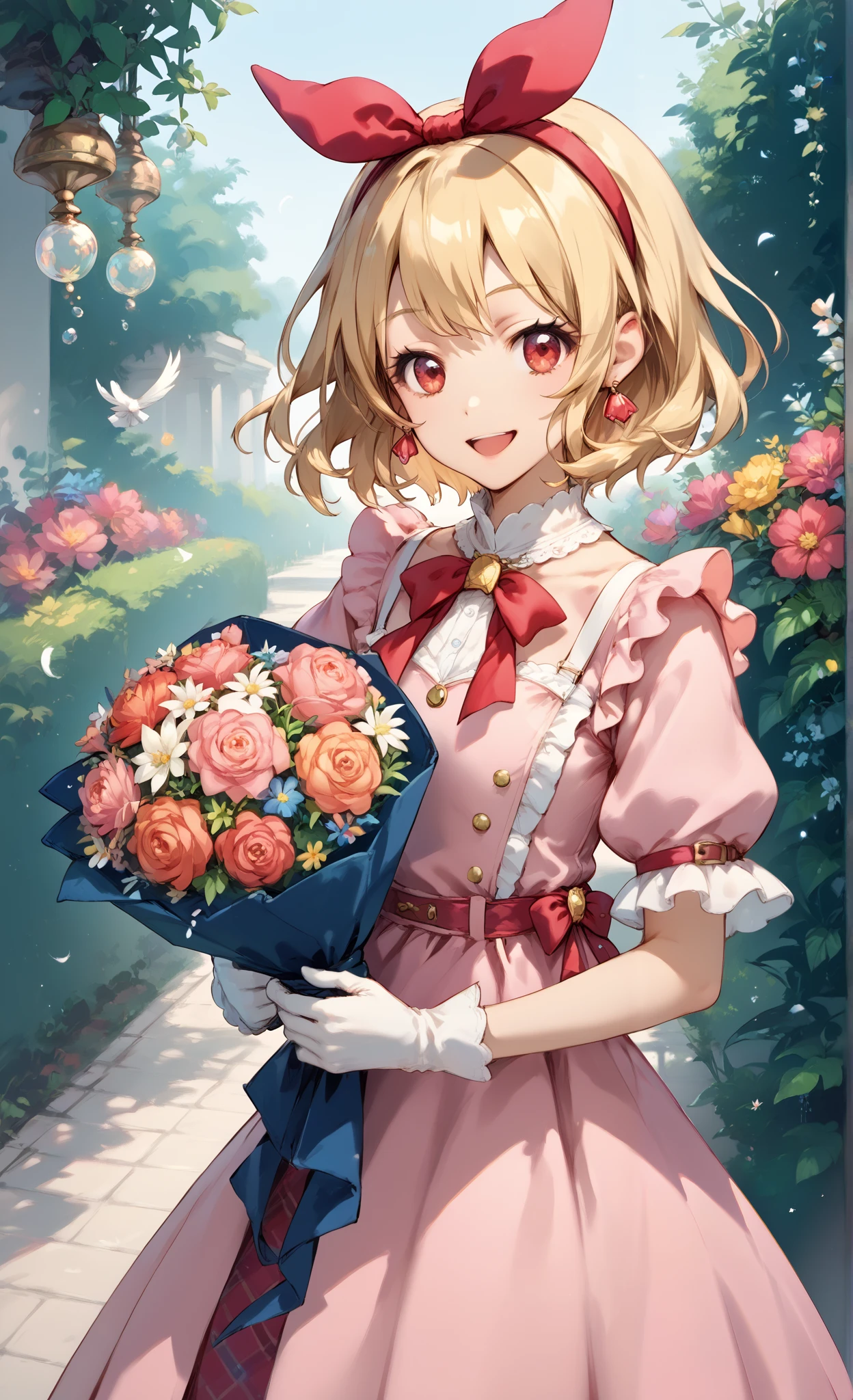 illustrated anime image of cute girl with wings holding a bouquet of flowers, 1girl, hoshimiya ichigo,(RED Ribbon on HAIRband:1.2), flower, solo, blonde hair, feathers, red eyes, jewelry, open mouth, smile, earrings, gloves, long hair,pink Dress,Gorgeous embroidery on the fabric of the dress