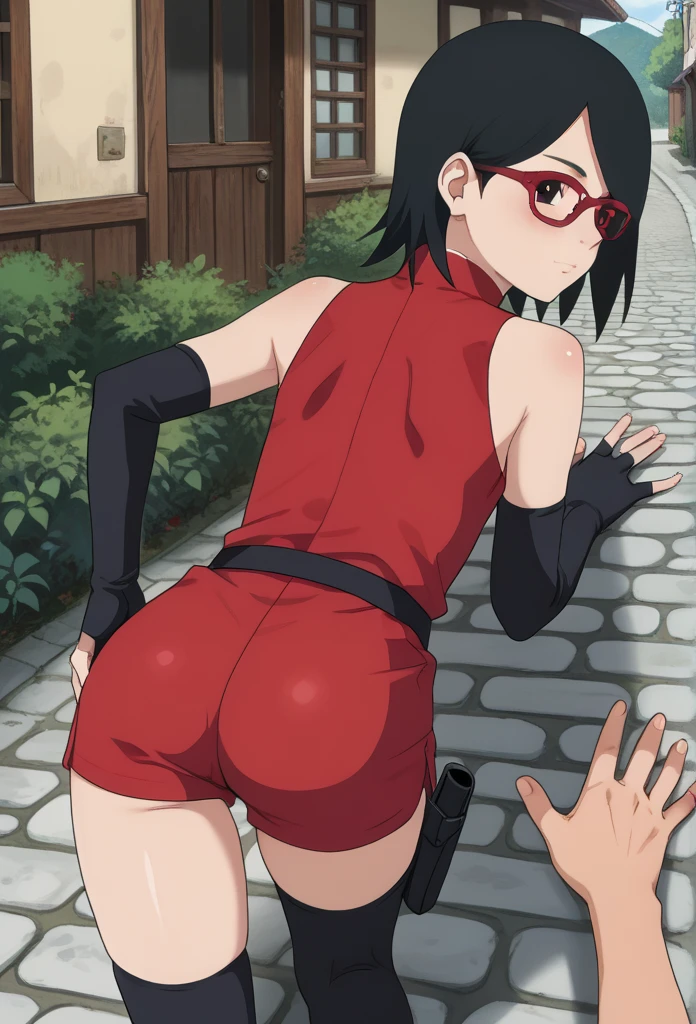 perfect face, perfect eyes, BBC_Chan Style, Sarada Uchiha, solo, 1girl, black hair, short hair, red-framed eyewear, glasses, black eyes,red dress, sleeveless, elbow gloves, black gloves, fingerless gloves, white shorts, black thighhighs, thigh holster, from behind view, large round butt, bubble butt ,konohagakure village pathway, flat chest,leaning_forward, 1boy, pov, spanking ass, ass up, 