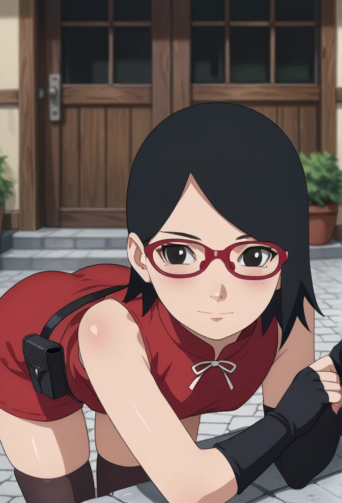 perfect face, perfect eyes, BBC_Chan Style, Sarada Uchiha, solo, 1girl, black hair, short hair, red-framed eyewear, glasses, black eyes,red dress, sleeveless, elbow gloves, black gloves, fingerless gloves, white shorts, black thighhighs, thigh holster, from behind view, large round butt, bubble butt ,konohagakure village pathway, flat chest,leaning_forward, 1boy, pov, spanking ass, ass up, 