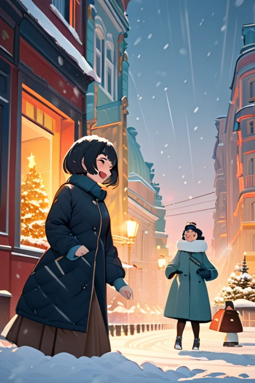  high quality,  8k Ultra HD,  Saint Petersburg, girl with dark short hair and one robot in the style of the 60s , background city, snowfall, winter,  New Year, clear lines, movement, dynamics,  laughter fun , holiday