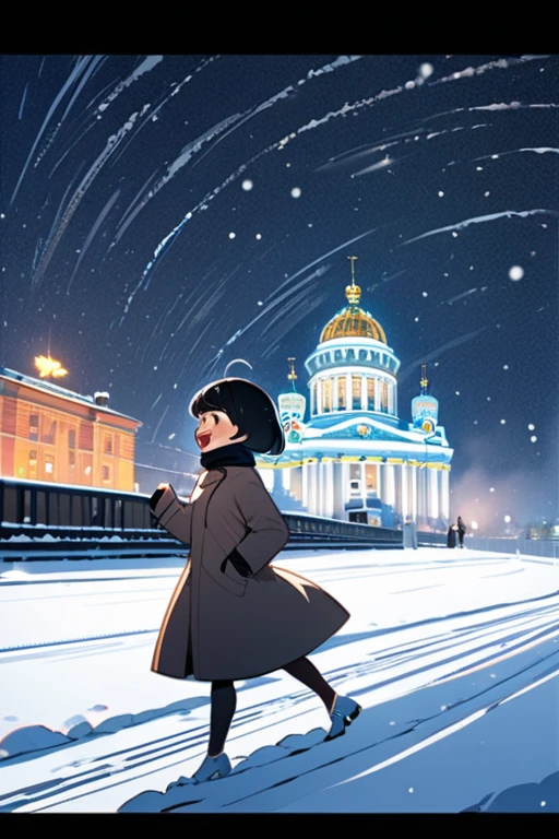  high quality,  8k Ultra HD,  Saint Petersburg, girl with dark short hair and one robot in the style of the 60s , background city, snowfall, winter,  New Year, clear lines, movement, dynamics,  laughter fun , holiday