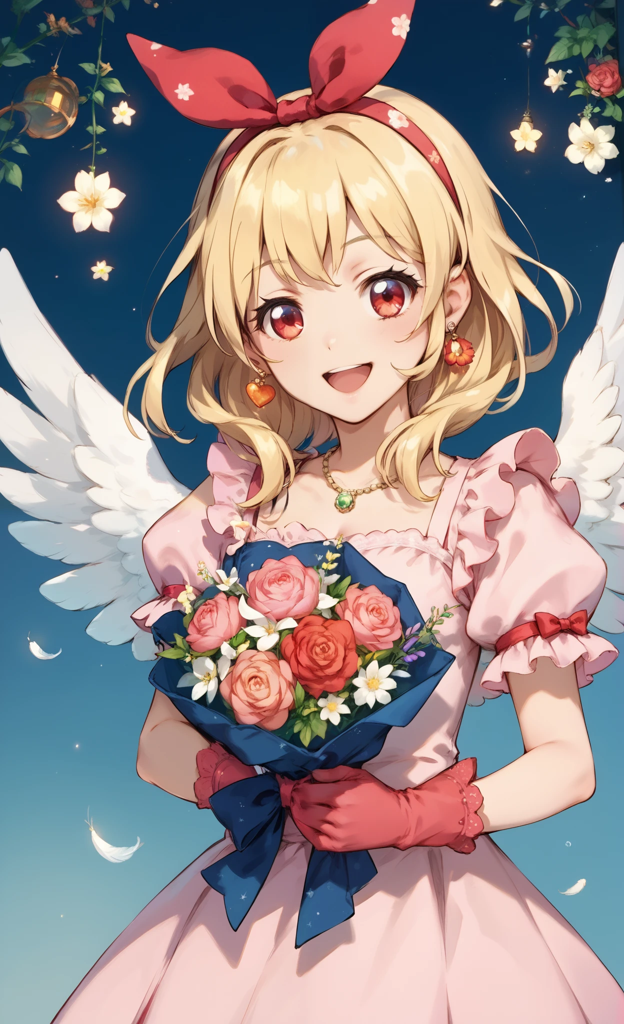 illustrated anime image of cute girl with wings holding a bouquet of flowers, 1girl, hoshimiya ichigo,(RED Ribbon on HAIRband:1.2), flower, solo, blonde hair, feathers, red eyes, jewelry, open mouth, smile, earrings, gloves, long hair,pink Dress,Gorgeous embroidery on the fabric of the dress