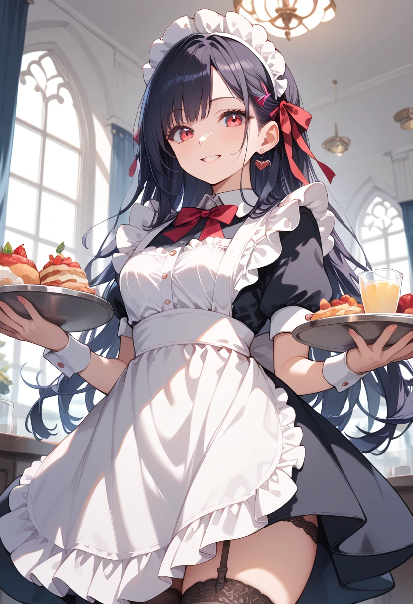 ((masterpiece, best quality, ultra detailed, high resolution, detailed facial description)), (1 girl), (maid, maid headdress, maid apron, microskirt:1.3, red ribbon), (black long hair:1.2), (lace panties), (light makeup), (Holding a tray with plate of food and drinks in both hands), (light smile, light blush), (inside a maid cafe), (from below)