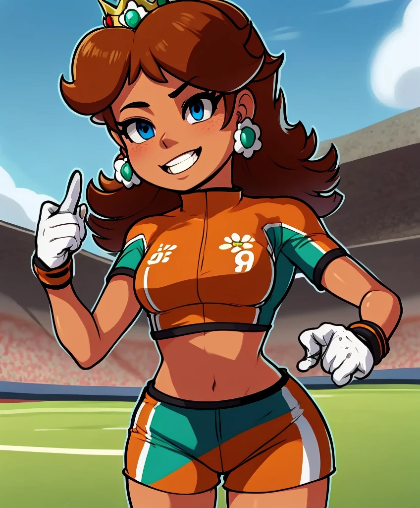 Daisy,brown hair,blue eyes,flower earrings,small crown,
number 8 soccer uniform,short sleeves,white gloves,orange teel shorts,midriff,clenched hands,
standing,smile,
soccer field,science fiction,outdoors,
(insanely detailed, masterpiece, best quality),