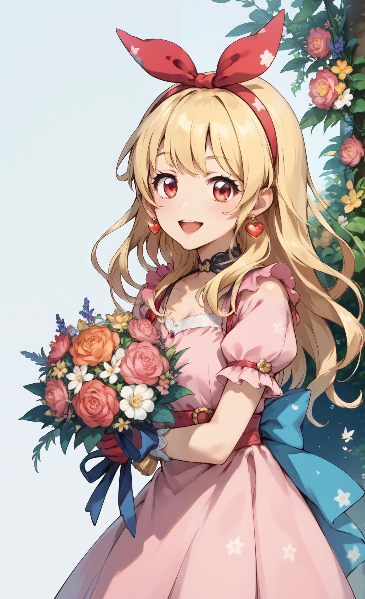 illustrated anime image of cute girl with wings holding a bouquet of flowers, 1girl, hoshimiya ichigo,(RED Ribbon on HAIRband:1.2), flower, solo, blonde hair, long HAIR,feathers, red eyes, jewelry, open mouth, smile, earrings, gloves, long hair,pink Dress,Gorgeous embroidery on the fabric of the dress