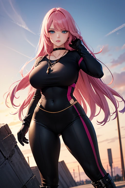 A woman, long pink hair, sky blue eyes, voluptuous, black sportswear, black lycra pants, black gloves with gold, military girl pose, serious, sexy, black necklace adjusted to the neck, black boots with white converse style,Voluptuous and very beautiful warrior.