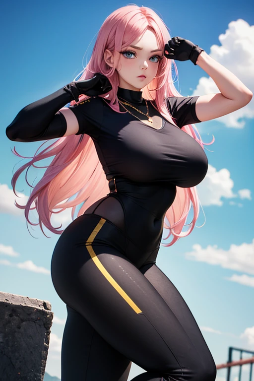 A woman, long pink hair, sky blue eyes, voluptuous, black sportswear, black lycra pants, black gloves with gold, military girl pose, serious, sexy, black necklace adjusted to the neck, black boots with white converse style,Voluptuous and very beautiful warrior.