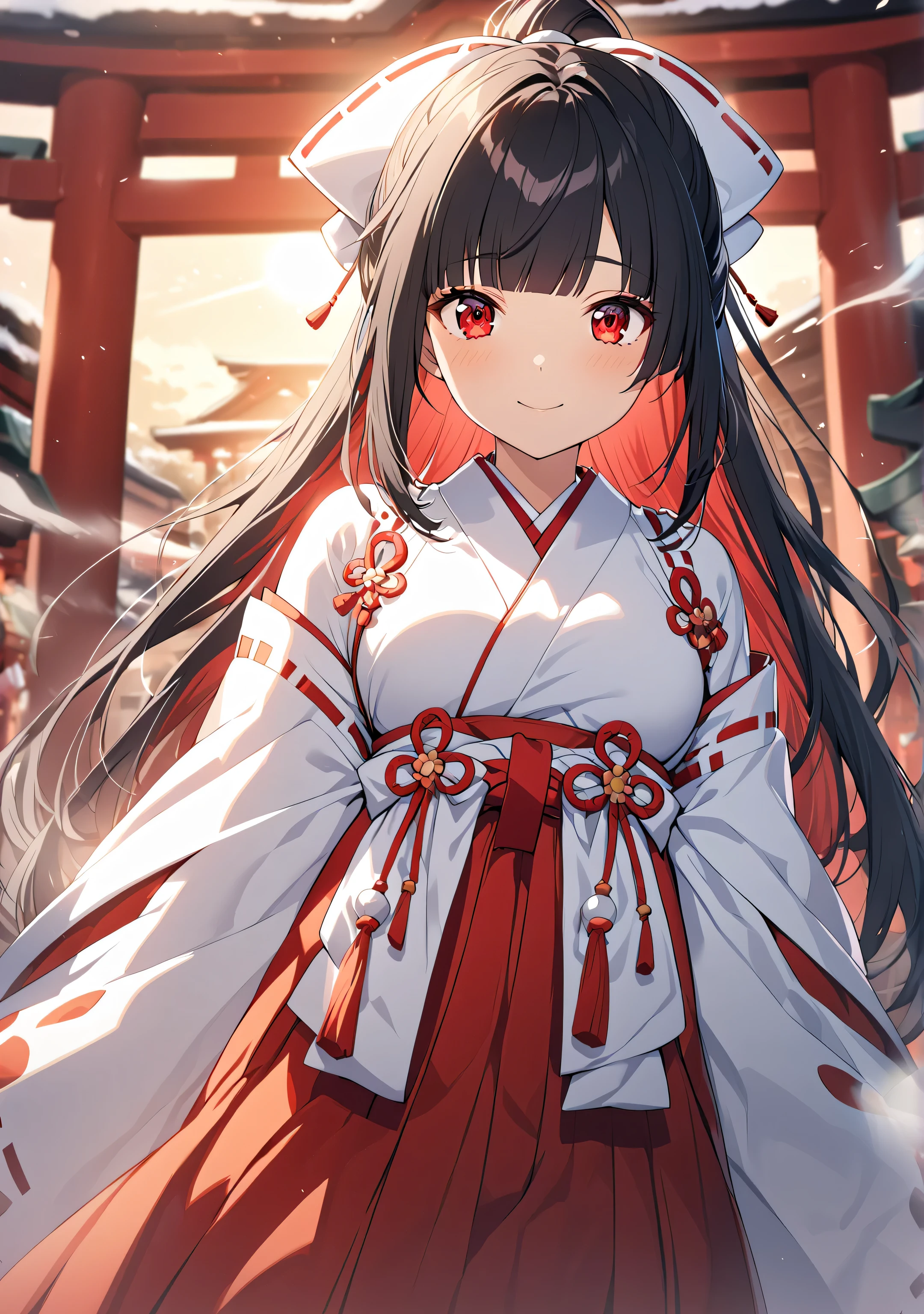 1 girl, Game CG, 
shallow depth of field, a portrait with a soft Gaussian blurred background, creating a dreamy atmosphere, focus on face, 
cowboy shot, from bellow, straight standing, looking viewer, enjoy expression, stern,

(Black Hair, dark scarlet inner color, straight hair, high band ponytail, Average bangs, Red Eyes, Round eyes , Clear and Innocent eyes,)
happy expression,

(miko shrine maiden clothes, red skirt, ),

traditional Japanese shrine, visitors wearing kimonos, winter sky, incense smoke rising, serene and respectful atmosphere, 

Firm breasts, High chest, Intricate details, Perfect Contour,
beautiful sunrise, Lens Flare, Cinematic Light Effects,