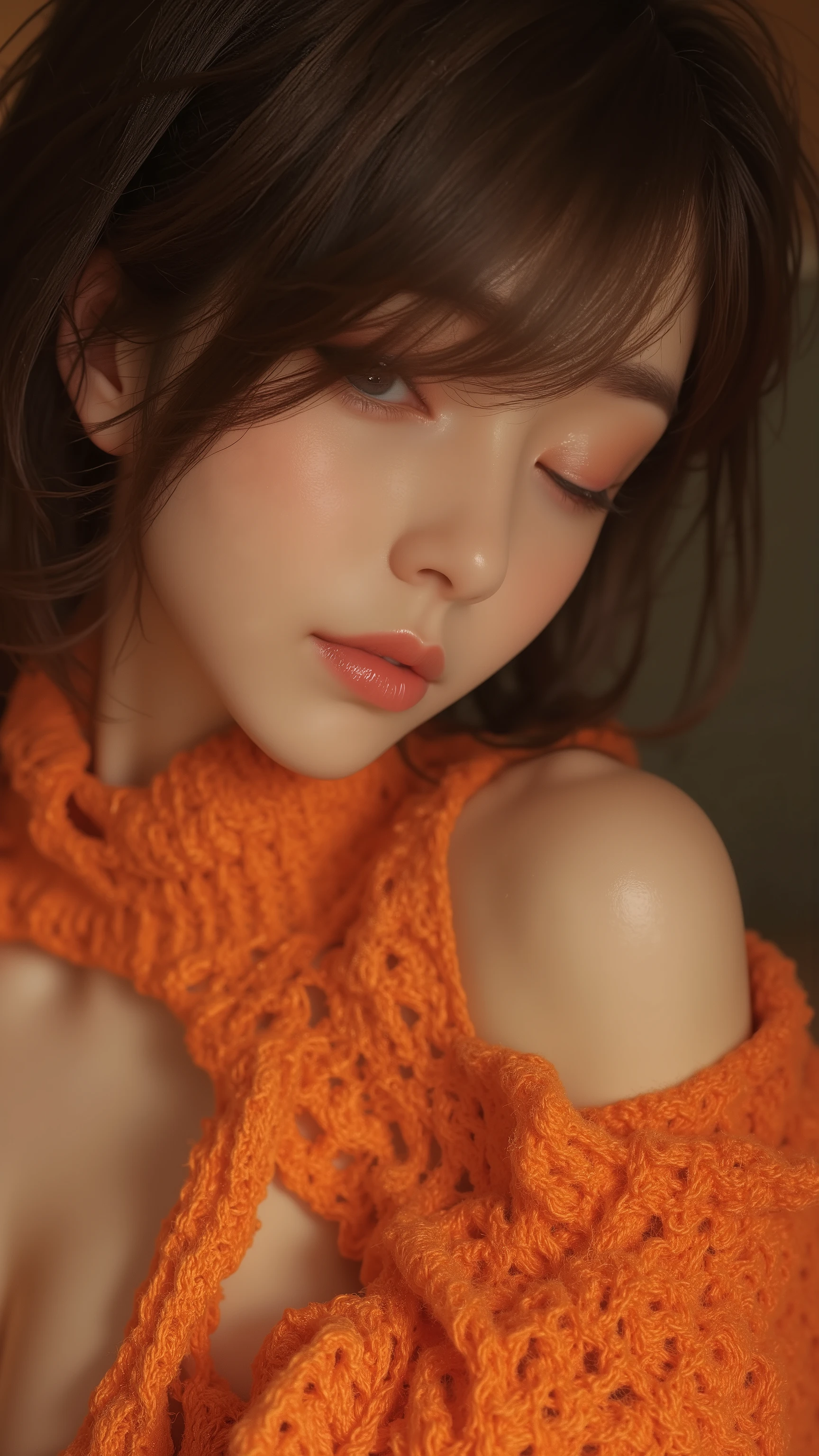 masterpiece, highest quality, woman, ((Short hair, dark slightly twisted hair, pink lips, simple orange knit sweater with slightly exposed shoulders)), Surrealism