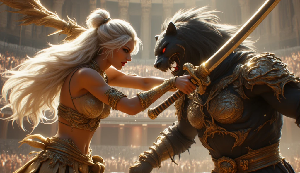 (best quality, 128k,highres,masterpiece:1.2),ultra-detailed,(realistic,photorealistic,photo-realistic:1.37), ((masterpiece)) ((photography)) ((Highest quality)) An epic battle takes place in an ancient arena, featuring a warrior woman with long white hair, adorned with intricate jewelry and wearing an ornate golden outfit, facing a humanoid beast resembling a black panther, clad in dark decorative armor with metallic details. The woman wields a gleaming sword as they clash with intense expressions. In the background, a classic coliseum filled with spectators, shrouded in a slight mist that heightens the scene's tension. The lighting is dramatic, emphasizing the textures of the skin and armor, with warm tones on the metals and cool tones on the stone surroundings. The visual style is hyper-realistic and cinematic, highlighting dynamic motion and contrasts between golden and dark colors.