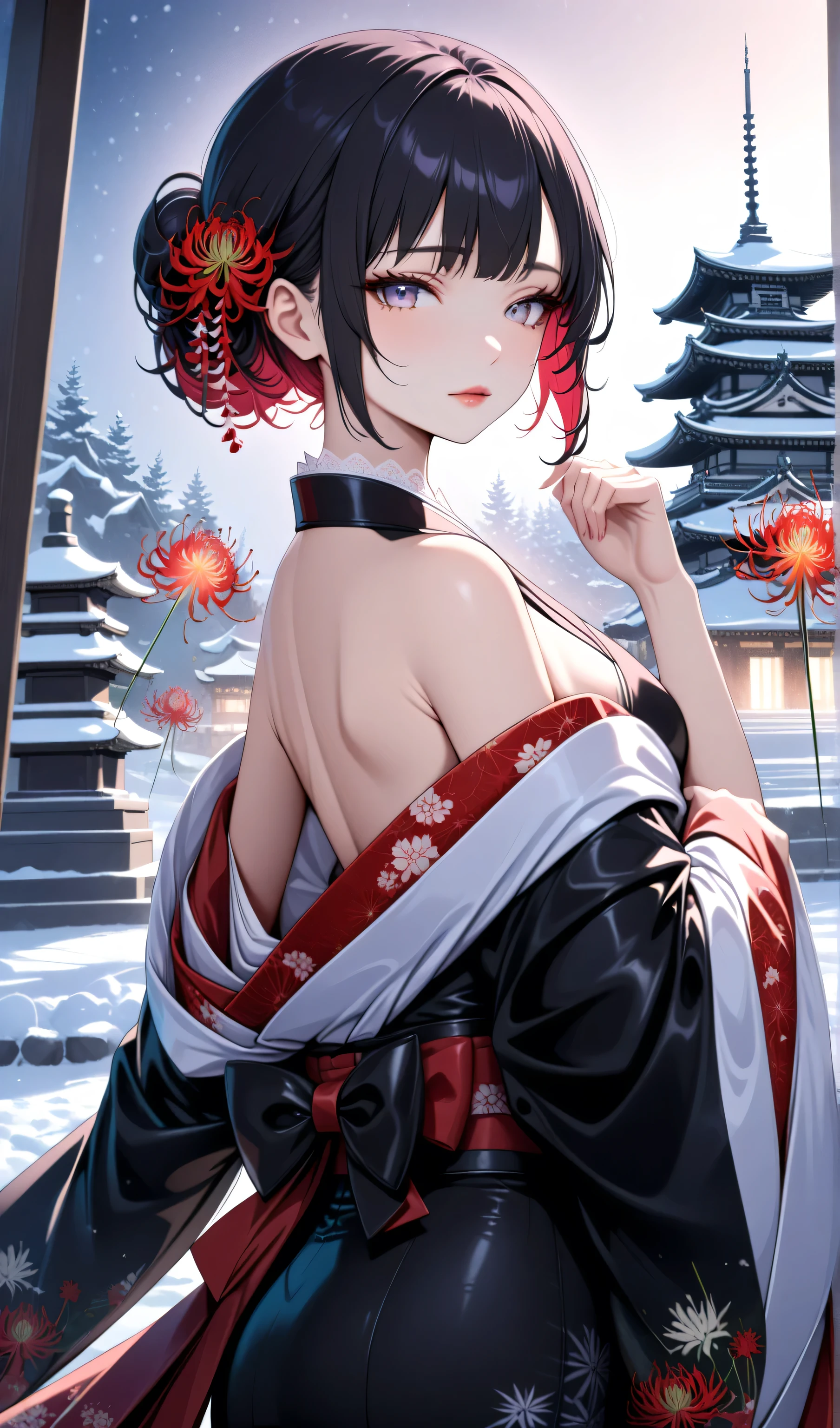 score_9, score_8_up, score_9_up, source_anime, ellenjoe, night, passionless, closed mouth, ellen joe, black hair, sexy body, colored inner hair, multicolored hair, grey eyes, winter, air into her hair, she's touching her hairs, shy, timid, a lot of wind, snow, hair tied back, hairpin, beautiful face, back kimono with red spider lily pattern, stunning eyes, red hair, she want to take your hand, short hair, close-up, two-tone hair, night, new year japanese temple, new year fireworks, morning, nostalgic face, elegant red kimono, long kimono, half open kimono, half open kimono, kimono open in the chest, small breasts, half opened kimono, red spider lily printing in the kimono, pink obi, winter, winter dress, long skirt, lace collar, lace, sexy body, small breasts, two-tone hair, looking at viewer, beautiful eyes, solo, fantasy world, night, beautiful eyes