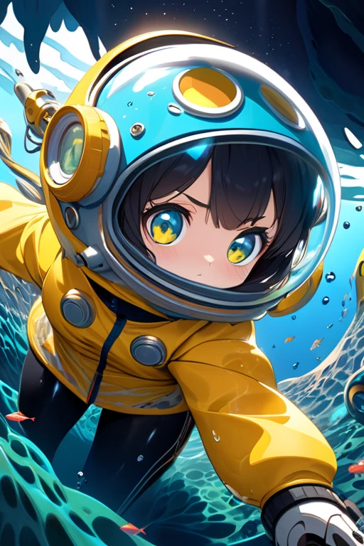 ,  thunderous yellow jacket ,  tight suit , 1960s Space Helmet , and anime series ace , Fantastic Surrealism,  post-apocalyptic ,  cute illustration , Bio-Robotic art,  fantasy digital painting ,  Fantastic scenery , Dragon with a futuristic underwater helmet Fantasy, art, Surrealism, Геоморфологическое art, Fluid art,  underwater photography , Biomechanical sculpture, kimono,  pretty girl,  turned towards the camera ,  white background, 3D Vector art, Greg Rutkowski,   detailed face,  detailed eyes,  1 girl fights