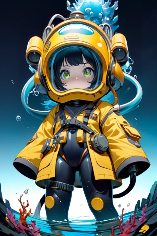 ,  thunderous yellow jacket ,  tight suit , 1960s Space Helmet , and anime series ace , Fantastic Surrealism,  post-apocalyptic ,  cute illustration , Bio-Robotic art,  fantasy digital painting ,  Fantastic scenery , Dragon with a futuristic underwater helmet Fantasy, art, Surrealism, Геоморфологическое art, Fluid art,  underwater photography , Biomechanical sculpture, kimono,  pretty girl,  turned towards the camera ,  white background, 3D Vector art, Greg Rutkowski,   detailed face,  detailed eyes,  1 girl fights