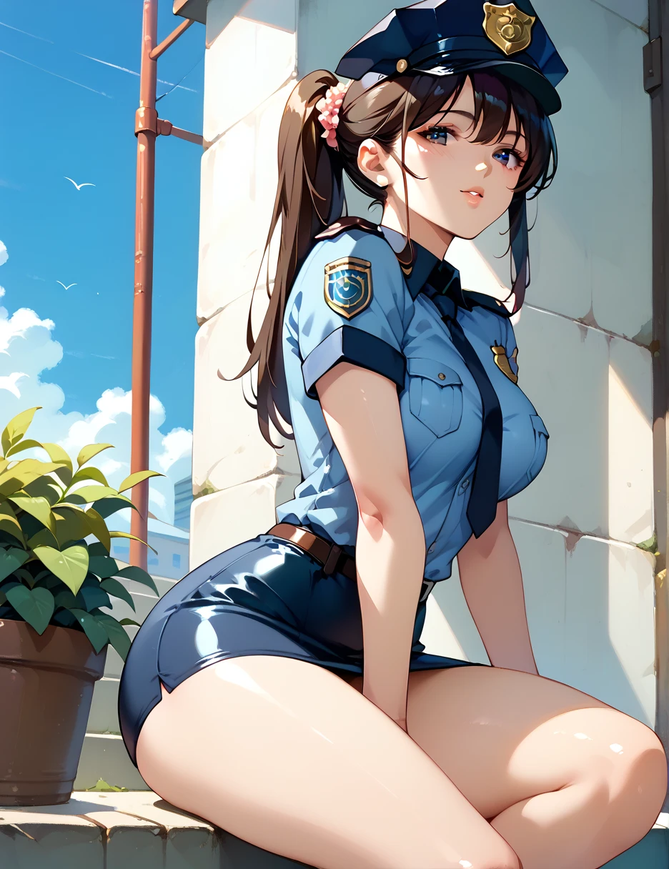 woman police officer、、uniform、 tight skirt 、 beautiful body  、  beautiful faces、 Inviting eyes、