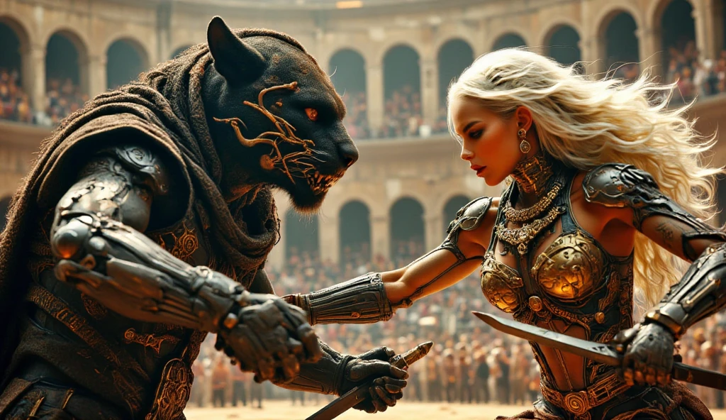 (best quality, 128k,highres,masterpiece:1.2),ultra-detailed,(realistic,photorealistic,photo-realistic:1.37), ((masterpiece)) ((photography)) ((Highest quality)) An epic battle takes place in an ancient arena, featuring a warrior woman with long white hair, adorned with intricate jewelry and wearing an ornate golden outfit, facing a humanoid beast resembling a black panther, clad in dark decorative armor with metallic details. The woman wields a gleaming sword as they clash with intense expressions. In the background, a classic coliseum filled with spectators, shrouded in a slight mist that heightens the scene's tension. The lighting is dramatic, emphasizing the textures of the skin and armor, with warm tones on the metals and cool tones on the stone surroundings. The visual style is hyper-realistic and cinematic, highlighting dynamic motion and contrasts between golden and dark colors.