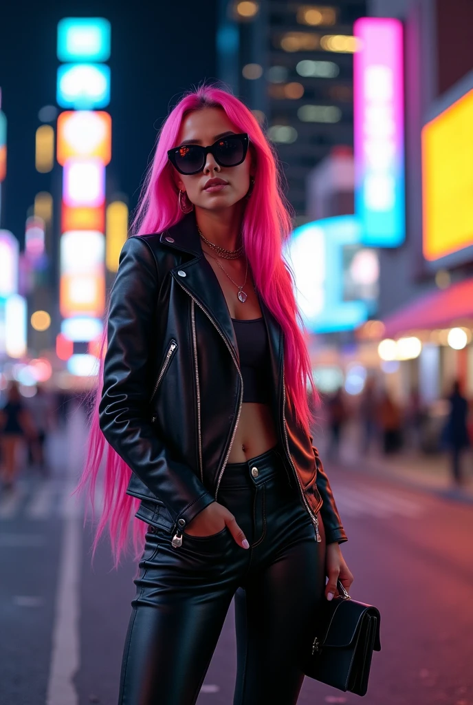 E-girl,Pink hair, naked ,black jacket, neon midnight city background,