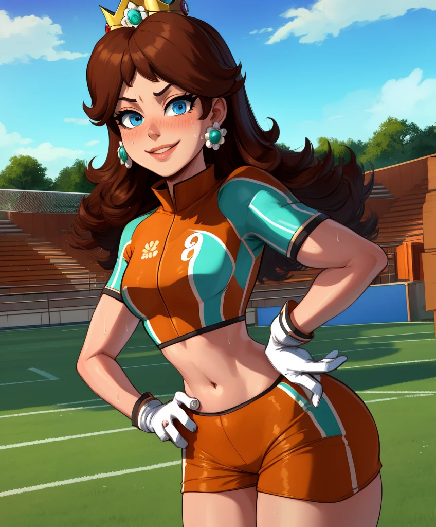 Daisy,brown hair,blue eyes,long hair,flower earrings,small crown,
number 8 soccer uniform, short sleeves, white gloves, orange shorts, midriff, number 8,
standing, smile, sweaty, exhausted, hand on hips
soccer field, science fiction, outdoors,
(insanely detailed, masterpiece, best quality), 