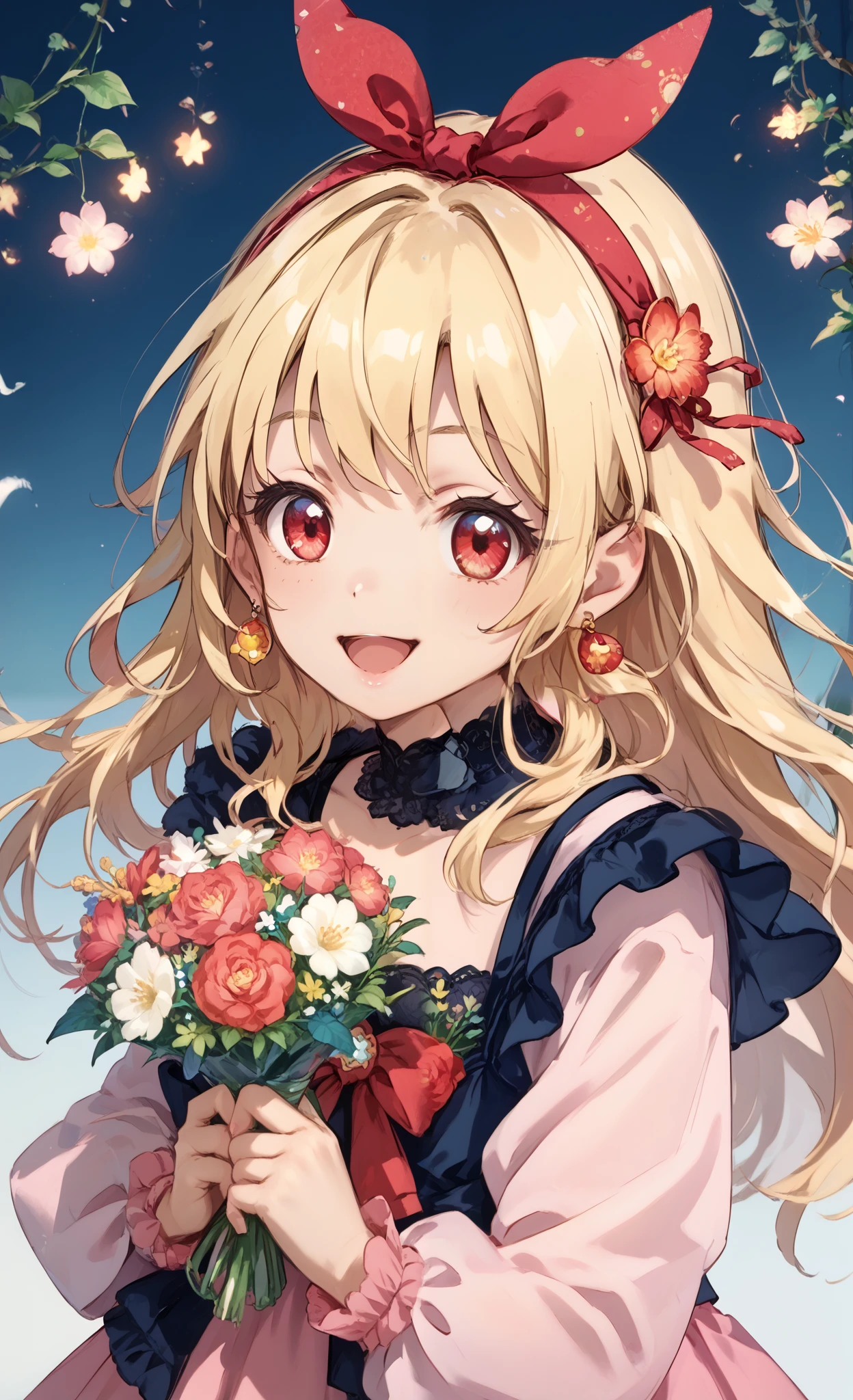 illustrated anime image of cute girl with wings holding a bouquet of flowers, 1girl, hoshimiya ichigo,(RED Ribbon on HAIRband:1.2), flower, solo, blonde hair, long HAIR,feathers, red eyes, jewelry, open mouth, smile, earrings, gloves, long hair,pink Dress,Gorgeous embroidery on the fabric of the dress