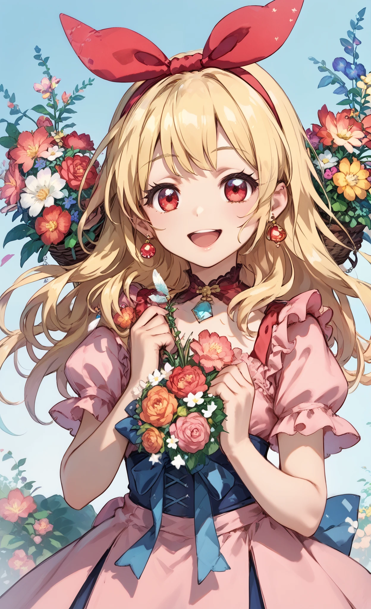 illustrated anime image of cute girl with wings holding a bouquet of flowers, 1girl, hoshimiya ichigo,(RED Ribbon on HAIRband:1.2), flower, solo, blonde hair, long HAIR,feathers, red eyes, jewelry, open mouth, smile, earrings, gloves, long hair,pink Dress,Gorgeous embroidery on the fabric of the dress