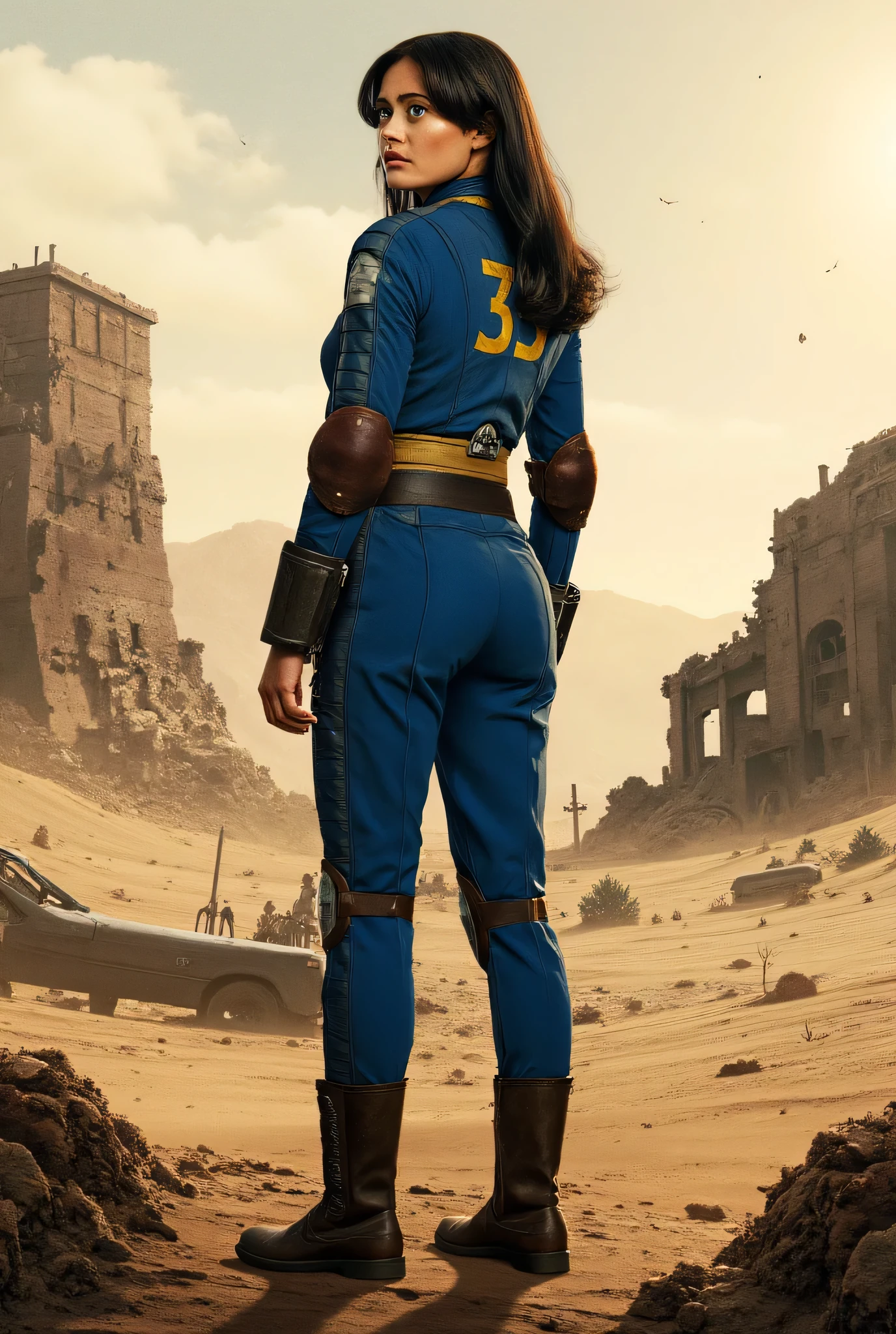 1girl turnaround, postapocaliptic city desert background, full body, fit body, small waist. Lucy wears a blue tight jumpsuit with some yellow marks. She has long dark hair. she wear brown military boots  