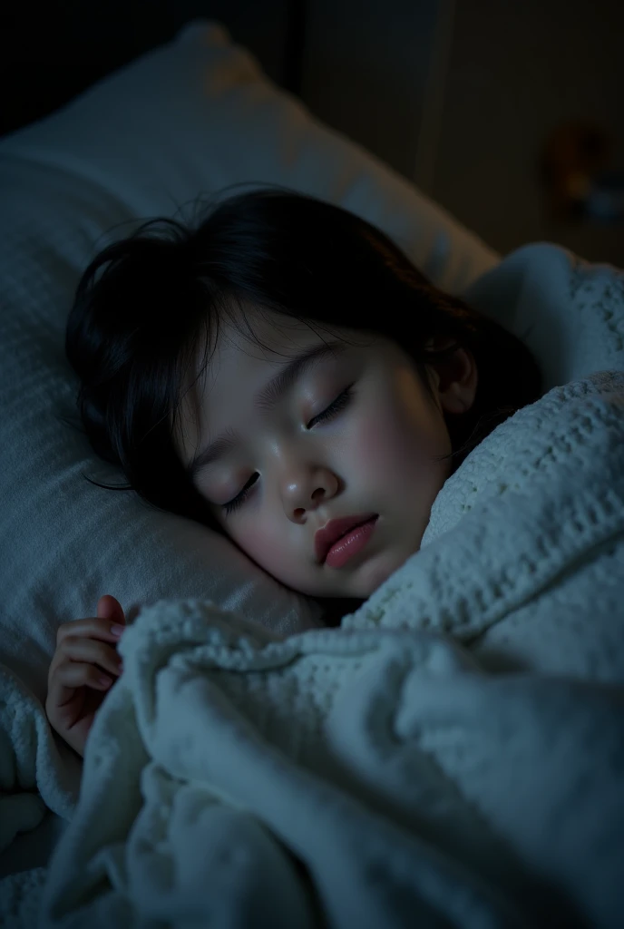 A night scene of a baby girl’s bedroom, a cute baby sleeping soundly in her crib. She has black hair and a blue baby outfit. The room is dimly lit by a night light and a moonbeam coming through the window. There are some toys and books on the floor and a teddy bear next to the crib. --auto