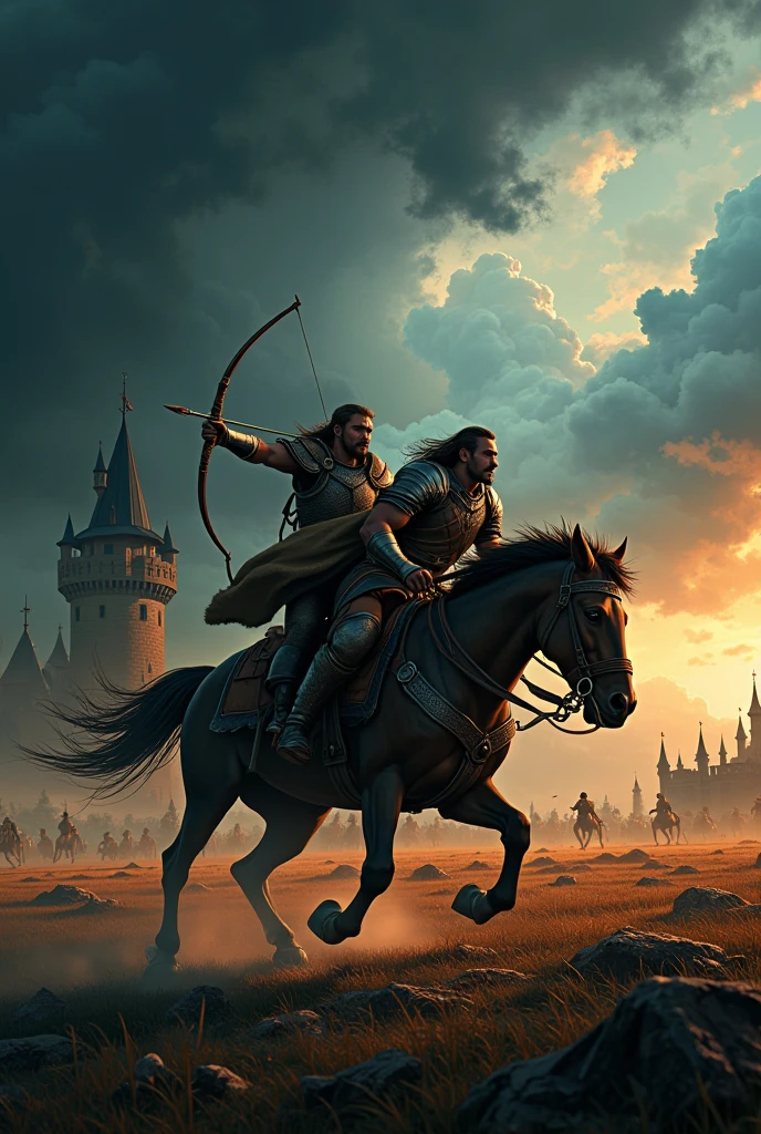 Two men riding a horse into battle. (A field during a storm with a castle in the far background) One man holds a bow and arrow, the other guides the horse. beautiful scenery, epic, action