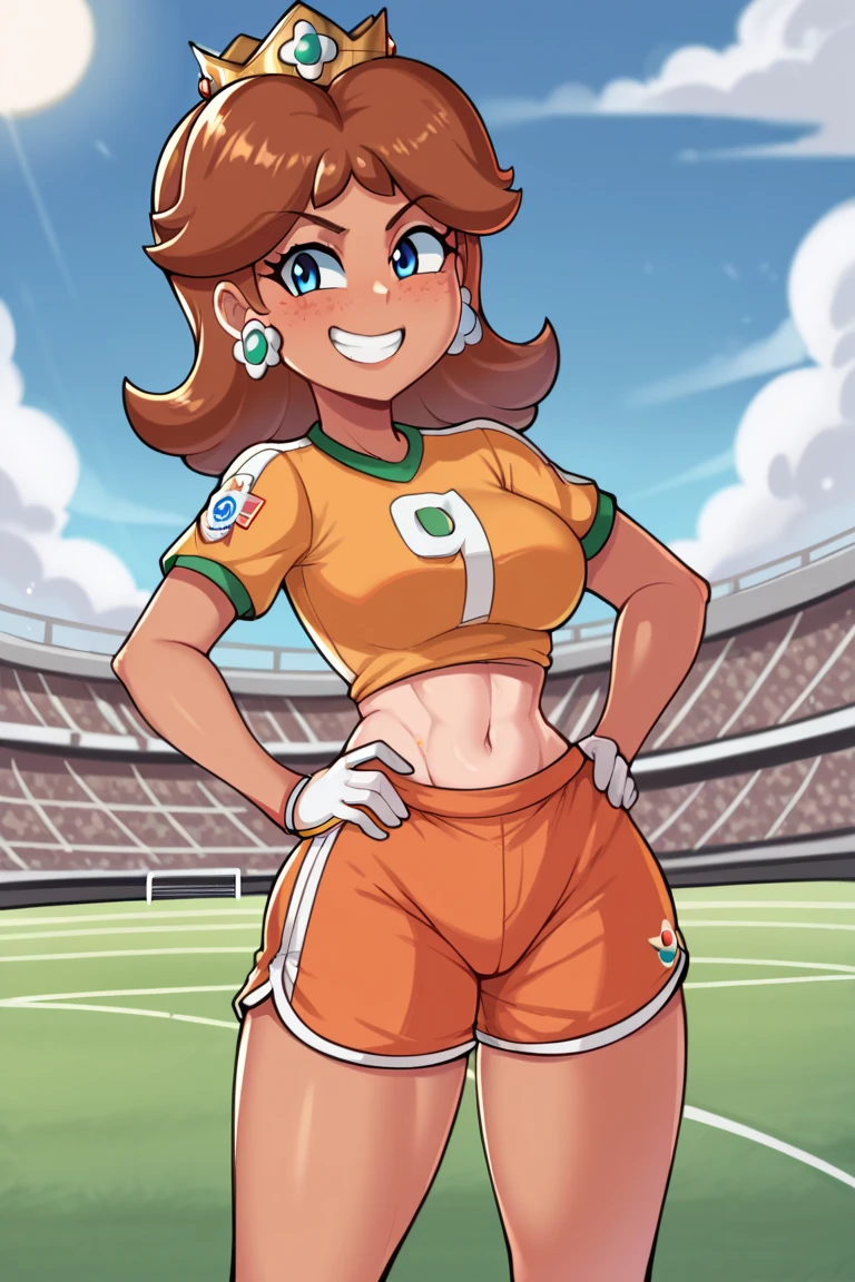  zPDXL, score_9, score_8_up, score_7_up, source_anime, 1girl, solo,
 pringus, Princess Daisy, brown hair, medium hair, freckles, tan-skinned female, grin, happy, tomboy, medium breasts, thick thighs, soccer uniform, short sleeves, white gloves, orange teel shorts,midriff, standing, aqua lines, soccer field, outdoors, (insanely detailed, masterpiece, best quality), 1girl, solo, sky, cloud, blue sky,, flat color, no sclera, black eyes prngs, princess daisy, brown hair, blue eyes,  blond skin, smug, standing, stand up, from front, complete body view, full body view, front view, grin, hands on hips