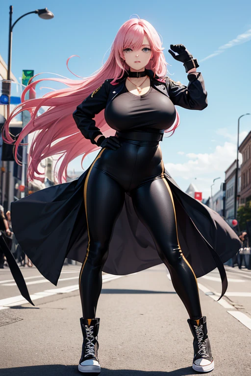 A woman, long pink hair, sky blue eyes, voluptuous, black sportswear, black lycra pants, black gloves with gold, military girl pose, serious, sexy, black necklace adjusted to the neck, black boots with white converse style,Voluptuous and very beautiful warrior, The fight is standing in possession.